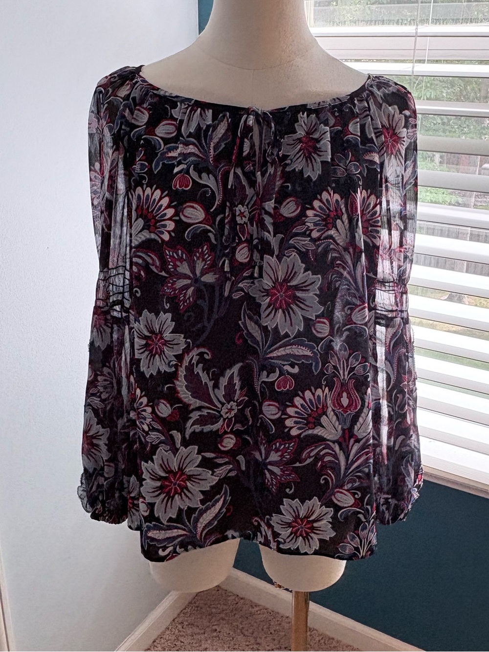 INC Women’s Floral Peasant Blouse - Navy with Red & White